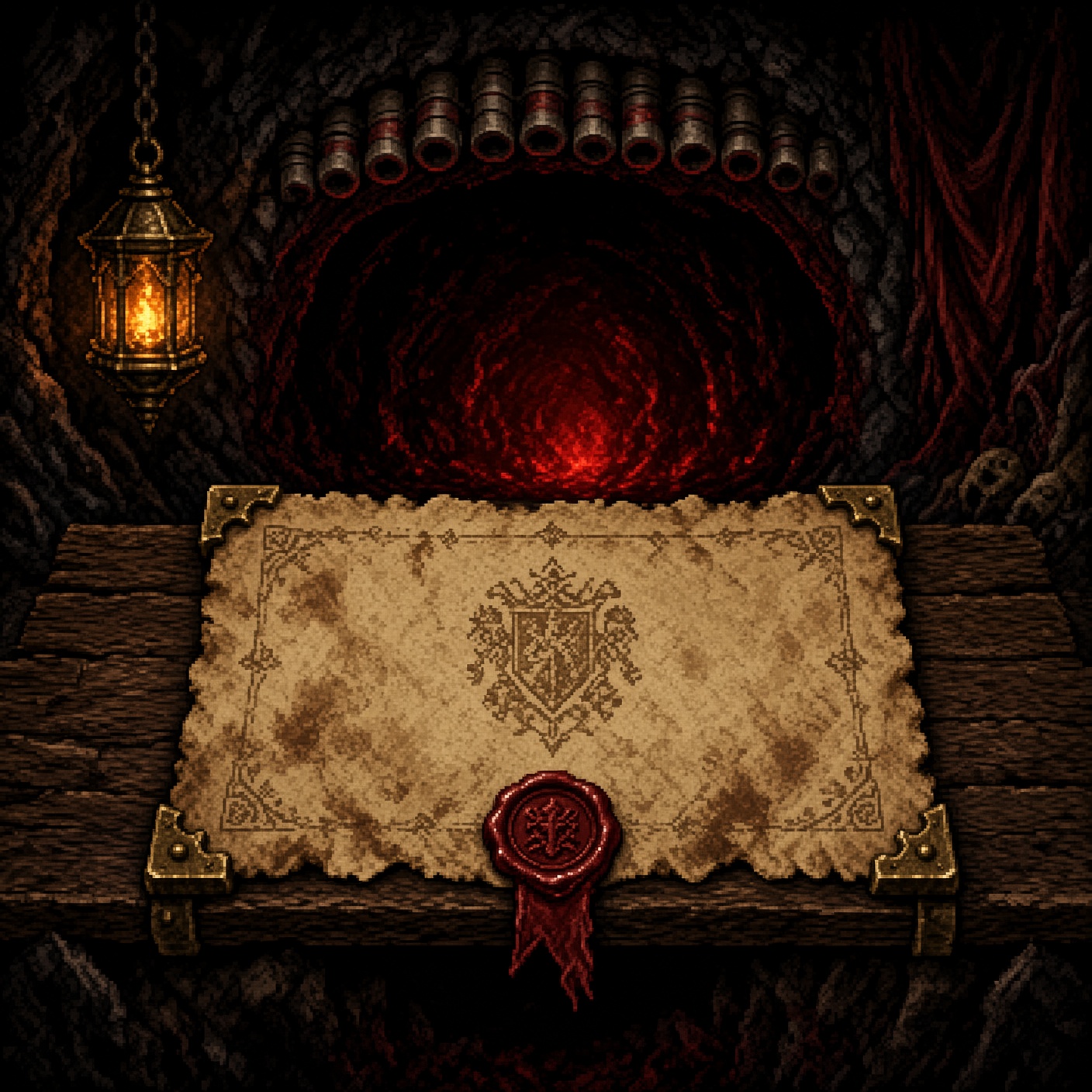 A sealed fief charter before a dungeon mouth, brass lantern and red wax